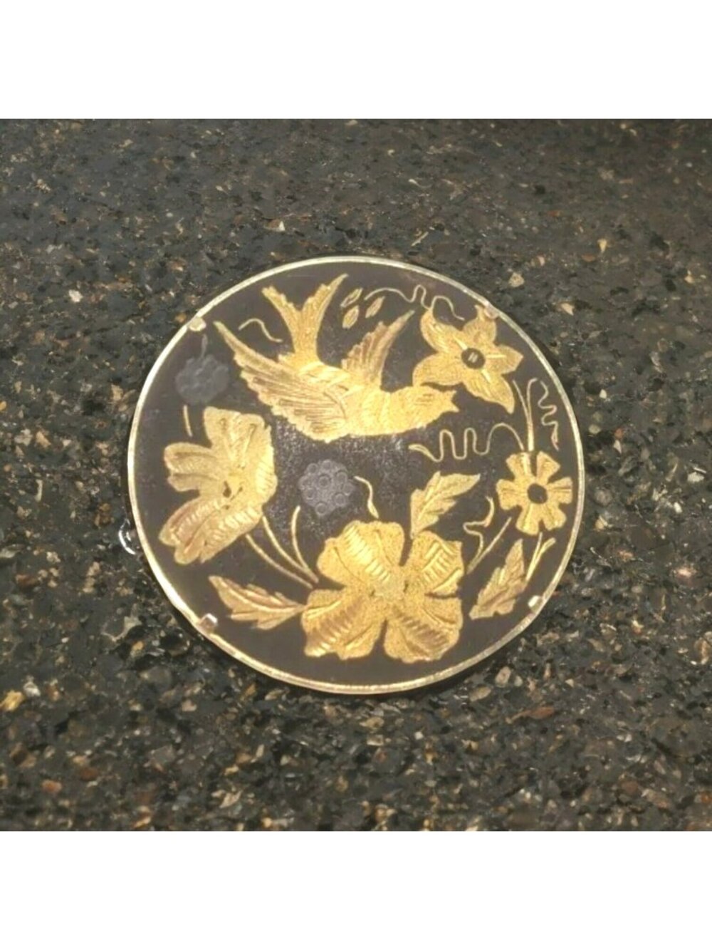 Vintage Damascene Gold & Black Round Brooch With Bird & Floral Design